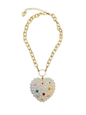 Authentic Betsey Johnson Pop Heart Pearl Crystal Statement Pendant Necklace NWOT - Image 1 of 4