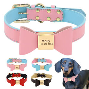 Personalised Dog Collar with Cute Bow Tie Soft Leather Custom Nameplate Engraved