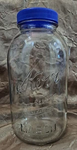 VTG KERR SELF SEALING "TRADEMARK REG" CLEAR GLASS QUART MASON JAR #12 BLUE LID - Picture 1 of 10