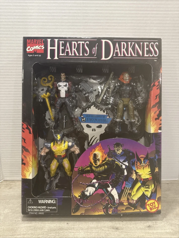 Paquete de 3 Hearts of Darkness 1996 FAO Schwarz ~ Wolverine, Ghost Rider, The Punisher Foto 1 de 4