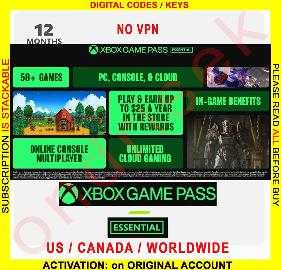 Xbox Game Pass Essential 12 个月/游戏通行证核心美国地区/全球 — 第 1/3 张图片