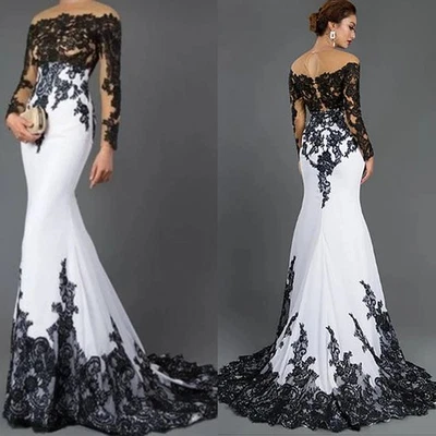 Black White Mermaid Wedding Dresses Sheer Neck Long Sleeves Gothic Bridal Gowns - Image 1 of 4