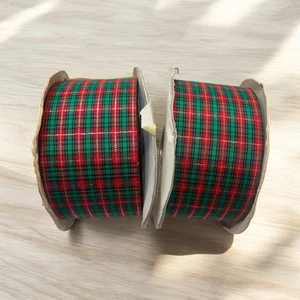 Lot of 2 Vtg Lion Rolls of Ribbon Plaid 2” Wide Red Green Christmas Gold Shimmer - Picture 1 of 6