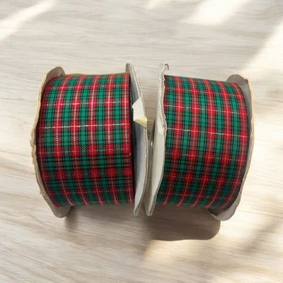 Lot of 2 Vtg Lion Rolls of Ribbon Plaid 2” Wide Red Green Christmas Gold Shimmer - Image 1 of 4