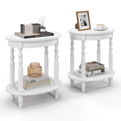 Sofá compacto ovalado de 2 piezas mesita de noche lateral mesa auxiliar de 2 niveles con estante de almacenamiento blanco Foto 1 de 4