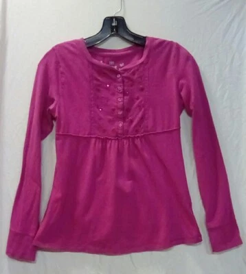 Teen Girl SZ 14/16 Pink Fuschia Long Sleeve Tee With Lace & Sequin Detail - Image 1 of 4