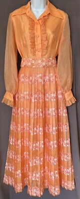 Винтажный 60-х Alfred Shaheen персиковый гавайский цветочный шифоновое прозрачное макси хозяйка платье 10 - Изображение 1 из 4