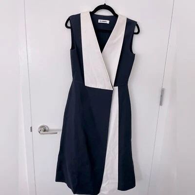 Jil Sander Pasarela Negro Blanco Abstracto Vellón Lana Seda Vestido Foto 1 de 4