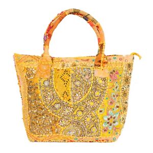 Indian Banjara Shoulder Bag Vintage Sequins Hobo Carry Embroidery Handbag Yellow
