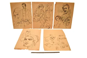 Vintage Sketch Pencil Drawing Paintings Portfolio 5 Pc Lot Indian Subject Old"06 - Picture 1 of 13