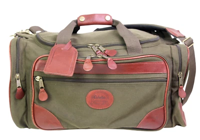 Cabelas KHAKI CANVAS BROWN REAL LEATHER SHOULDER X-BODY 18" DUFFEL TRAVEL BAG - Image 1 of 4