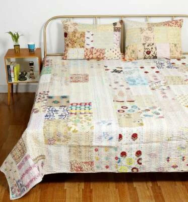 Белое винтажное шелковое покрывало ручной работы Kantha лоскутное одеяло двуспальное покрывало плед - Изображение 1 из 3