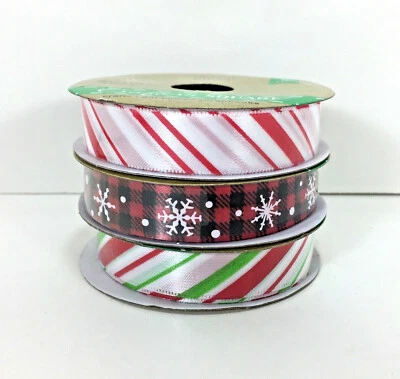 CHRISTMAS Holiday 5/8" RIBBON ROLLS Silky CANDY CANE BUFFALO CHECK SNOWFLAKE Lot - Image 1 of 4