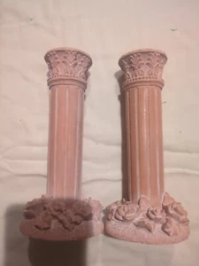 Pair Vntg Pillar Column Corinthian Terra Cotta Look Rose Candle Stick Holders - Picture 1 of 13