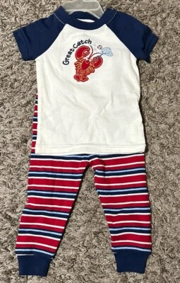 Baby Boys Pajamas GREAT CATCH White S/S Top LOBSTER Red Blue Stripe Pants 6-9 Mo - Image 1 of 4