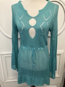 Crocheted Coverup Dress Turquoise One Size Long Flared Sleeves Unbranded Keyhole - Picture 1 of 12