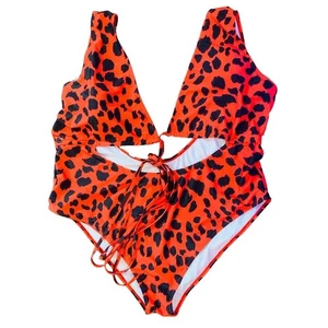NWOT Brazilian Leopard Print Push Up One Piece Swimsuit 4XL Red Black Curvy NEW - Picture 1 of 5
