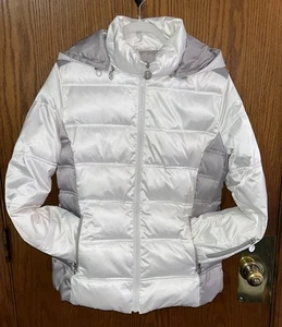 Nautica White Grey L Women’s Puffer Ski Winter Coat Jacket Hood Silver Accents - Picture 1 of 19