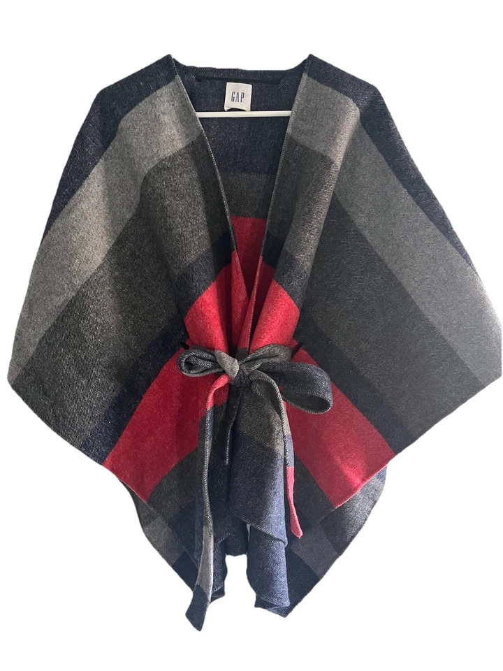 Jaqueta poncho cinto Gap S/M mistura de lã vermelho azul cinza com cinto - Imagem 1 de 4