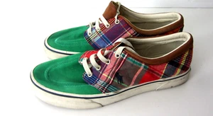 POLO Ralph Lauren Faxon X Canvas Sneakers Green Madras Plaid Leather Mens 8.5 - Picture 1 of 9