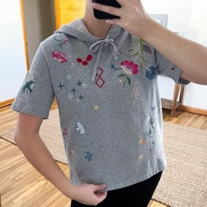 Johnny Was Gray Embroidered Short Sleeve Hooded Top Bohemian Pullover Hoodie S - Picture 1 of 7