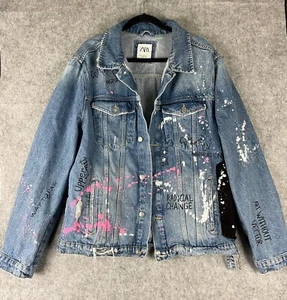 Zara Distressed Denim Jacket Mens XL Paint Splattered Graffiti Patches Urban - Picture 1 of 19