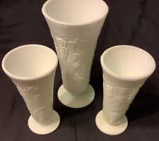 Vintage Lot of 3 White Milk Glass Pedestal Harvest Grape & Leaf Vase (HM)