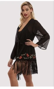 Playful Promises Bettie Page, Embroidered Tassel Kimono, US Size 8, Mesh Black - Picture 1 of 11