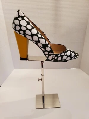 Bombas de punta abierta de puntos blancos y negros de 4 pulgadas Tacón Amarillo Retro Chic Talla 9 Foto 1 de 4