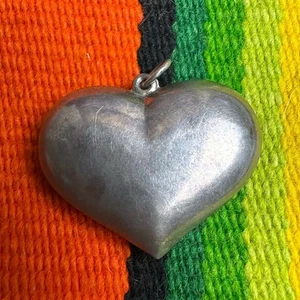 Vintage Mexico 925 Sterling Silver Puffy Bubble Heart Large 3D Pendant Charm - Picture 1 of 7