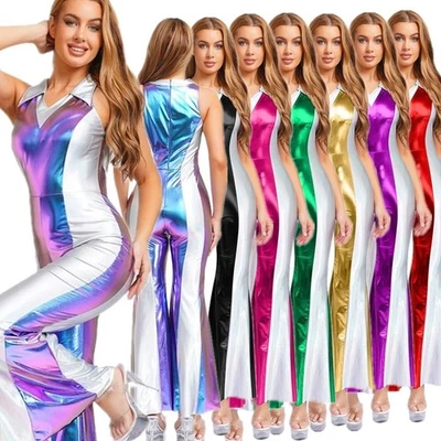 DE Damen 70er 80er Jahre Disco Jumpsuit Glitzer V-ausschnitt Metallic Party Tanz - Bild 1 von 4