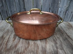 Vintage French Copper Oval 10” 4qt Roaster Pan Oven Casserole Brass Mauviel - Picture 1 of 10