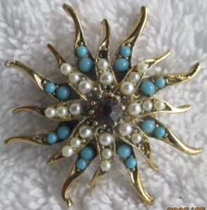 Vintage Brooch Gold Tone with Turquoise Pearl & Purple Sets - Picture 1 of 6