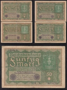 GERMANY BANKNOTE - 5 X 50 MARK REIHE 2 *REICHSBANKNOTE* - P66 - 1919 - VF 🇩🇪 - Picture 1 of 9