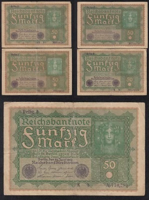 GERMANY BANKNOTE - 5 X 50 MARK REIHE 2  *REICHSBANKNOTE* - P66 - 1919 - VF 🇩🇪 - Image 1 of 4