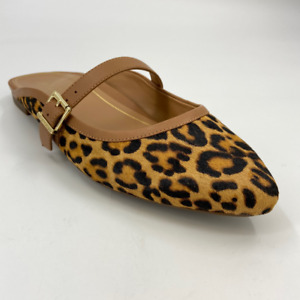 Vionic Womens Esme Mary Jane Mule Flat Shoes Tan Black Leopard Leather 9.5 New