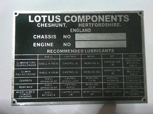 Placa de características Lotus components Schild Lubricants europa Elan super Seven 7 s100 - Imagen 1 de 1