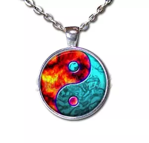 Yin Yang Symbol Fire Water Celestial Zen - Handmade ROUND Glass Pendant Necklace - Picture 1 of 10
