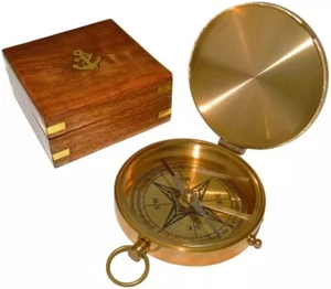 Large Brass Compass 4" w/ Rosewood Box Fully Functional Nautical Pirate Style - Picture 1 of 9