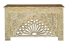 Vintage Wooden Console Floral Carved  Sand Washed Hues Blooming Lotus Side Table