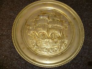 A VINTAGE MARITIME / GALLEON THEMED, PRESSED BRASS WALL PLATE /  WALL PLAQUE. 