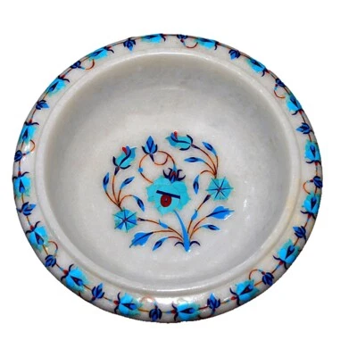 Frutero seco blanco mármol redondo de 10" con incrustación floral de piedras preciosas hecho a mano decoración de comedor Foto 1 de 4