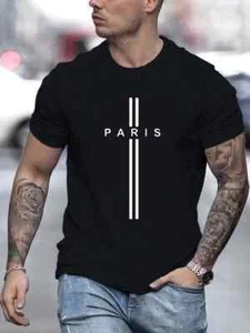 Mens Cotton T-shirt Paris Printed Casual Short Sleeve Summer Black Shirt Tee's - Picture 1 of 6