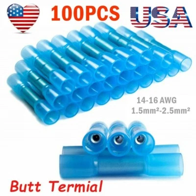 100X Blue Heat Shrink Butt Wire Splice Seal Connectors Crimp Terminals 16-14 AWG - Image 1 of 4