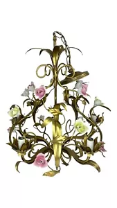 Vintage french metal gold gilt porcelain roses chandelier lamp - Picture 1 of 6