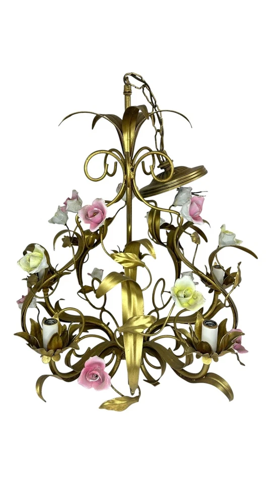 Candelabro vintage francês metal dourado porcelana rosas - Imagem 1 de 4