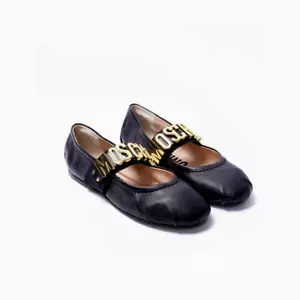 Pisos de ballet de cuero Moschino Couture con logotipo de metal dorado negros talla 37 precio de venta sugerido por el fabricante $495 - Imagen 1 de 4