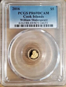 2016 PCGS PR69DCAM COOK ISLANDS WILLIAM SHAKESPEARE $5 GOLD (0.9999) COIN 0.5g - Picture 1 of 2