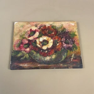Antikes Blumen Ölgemälde Bild Vintage Blumen Holzblock gedeckte Farbe Kunst - Bild 1 von 11
