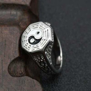 Men's 316L Stainless Steel Yin Yang Tai Chi Amulet Taoist Mantra Ring Band - Picture 1 of 7